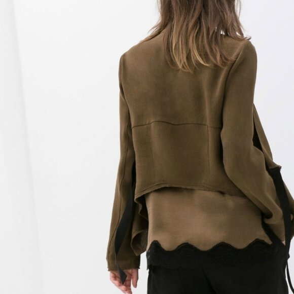 ZARA Woman Olive Green Loose Linen Jacket with Ribbon Tie Size XXS - Picture 7 of 14